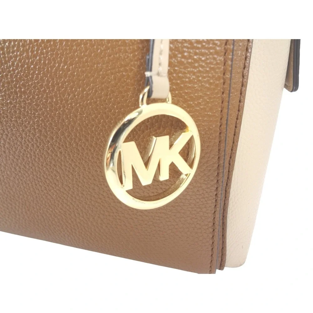 Michael‎ Kors Mercer Medium Colorblock Pebbled Leather Satchel Brown Cream Gold